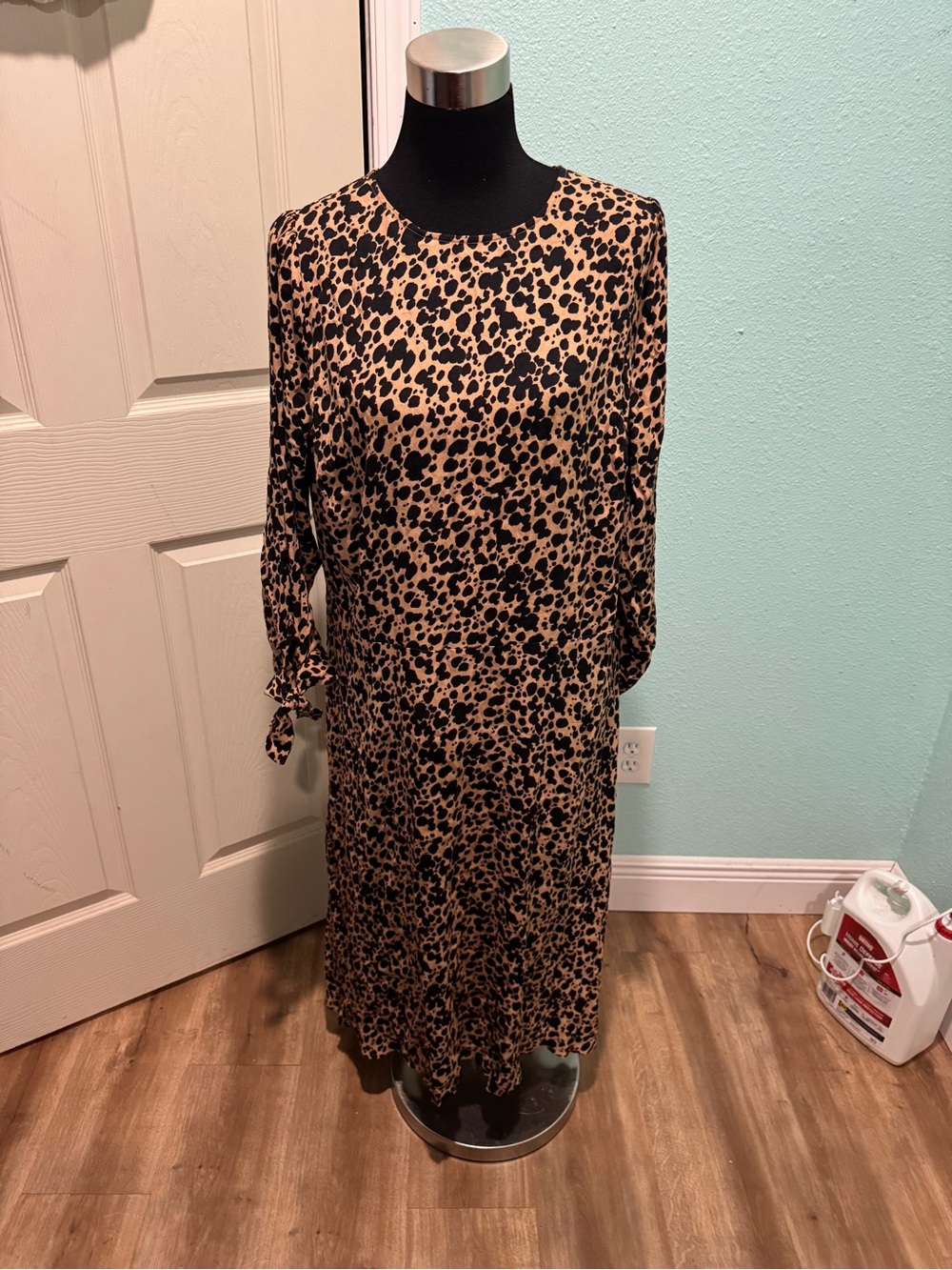 Reformation Tan and Black Leopard Print Long Sleeve Midi Dress with Tie Cuffs